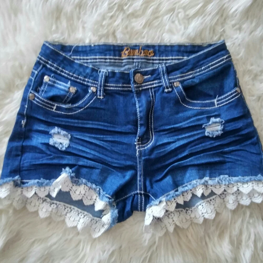 Bamboo Lace Trim Denim Shorts